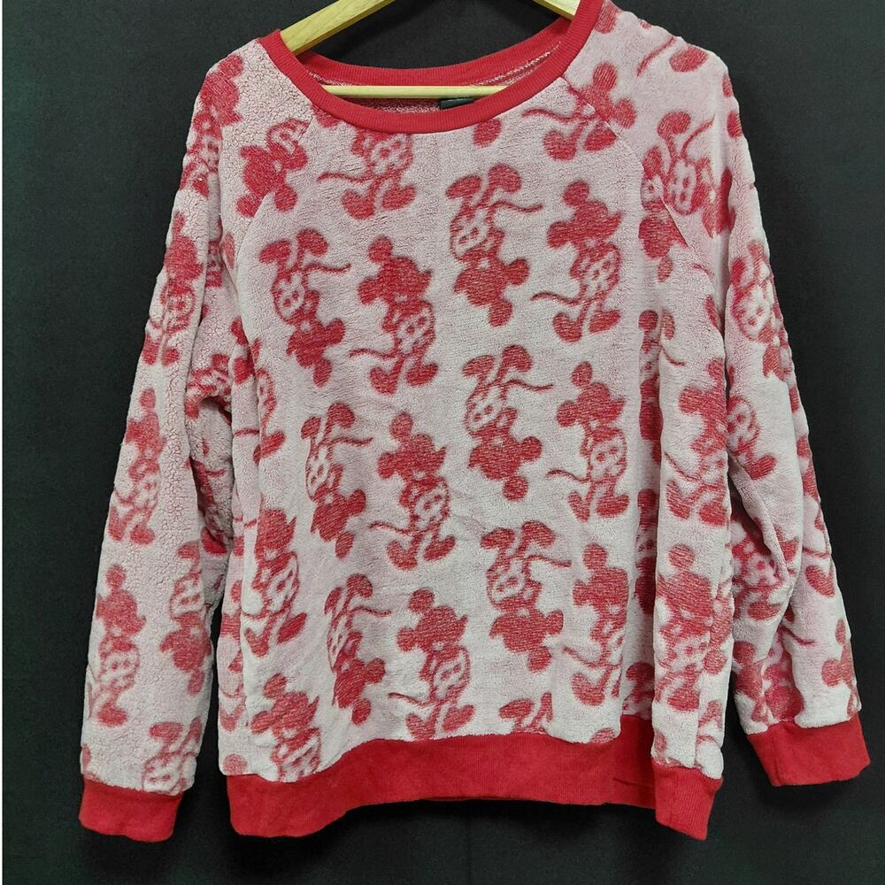 Disney Mickey Mouse Red Print Sweatshirt Graphic Print Knit Pullover Size Large
